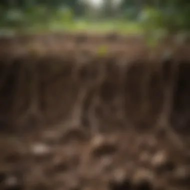 A close-up view of healthy soil rich in organic matter with roots intertwined, demonstrating nutrient-rich conditions.
