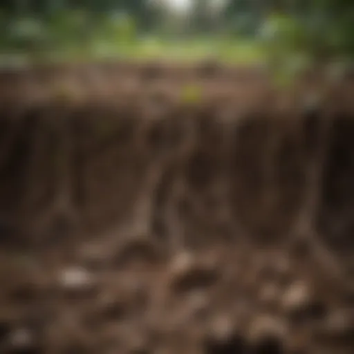 A close-up view of healthy soil rich in organic matter with roots intertwined, demonstrating nutrient-rich conditions.