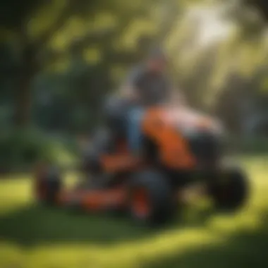 A technician performing maintenance on a zero turn mower