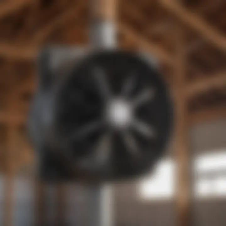 Close-up of a high-performance ventilation fan installed in a barn.