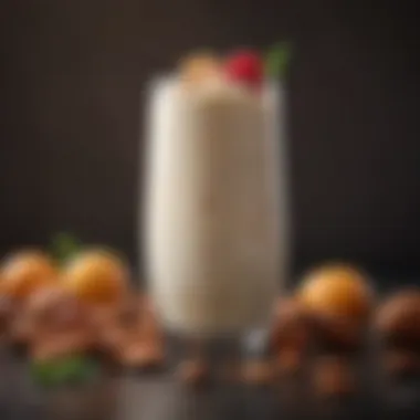 A close-up of a delicious milkshake made with almond milk topped with fresh fruits and nuts.