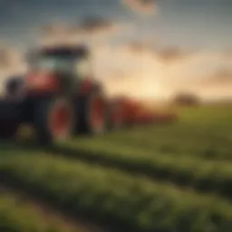 A serene landscape showcasing lush fields and agricultural machinery under a clear sky.
