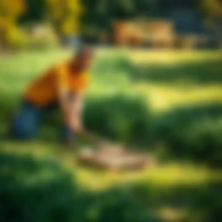 Application of Amerishade Grass Seed in the Garden Gardeners applying Amerishade grass seed in a shaded landscape