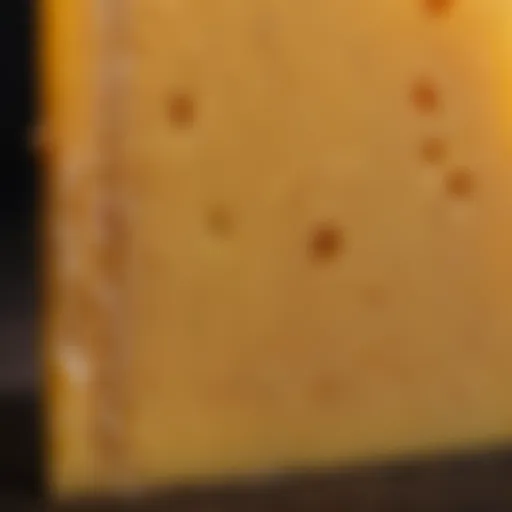 A close-up of aged cheddar showcasing its crumbly texture and rich color.