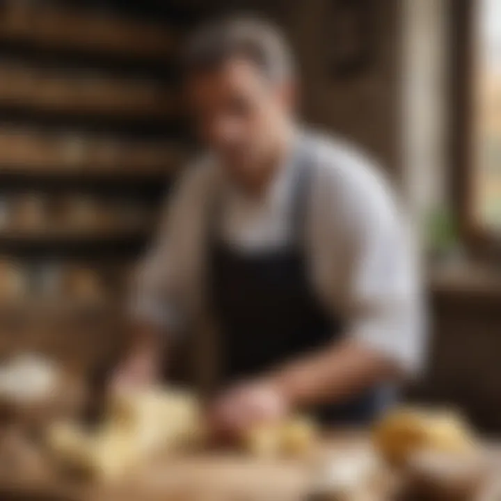 An artisan cheesemaker selecting fresh curds in a rustic setting.