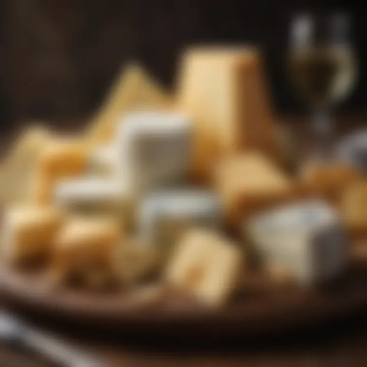 A platter of assorted cheeses including brie, gouda, and blue cheese.