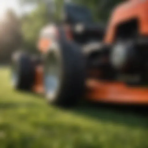 A detailed view of commercial lawn mower components