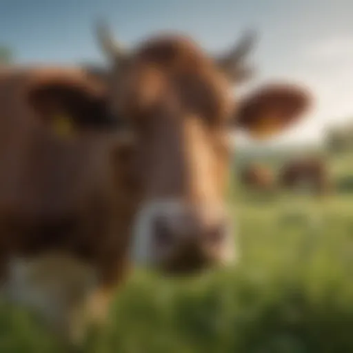 A close-up of a cow grazing in a lush green pasture