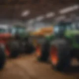 A vibrant auction scene showcasing various farm equipment