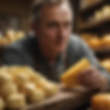 The Art of Cheese Crafting A close-up of cheese-making, highlighting textures and colors.