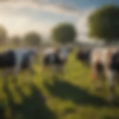 A dairy farm landscape showcasing cows grazing peacefully.