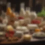 A variety of dairy products arranged artistically on a table.