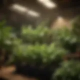 Close-up of green LED grow lights illuminating a thriving indoor garden