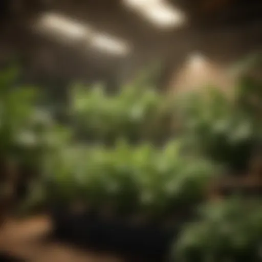 Close-up of green LED grow lights illuminating a thriving indoor garden