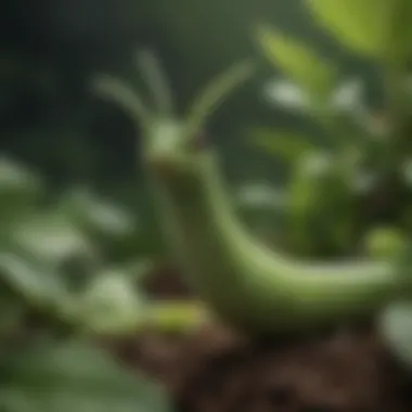 Green Worm in its Natural Habitat A vibrant green worm nestled among leaves, showcasing its natural habitat.