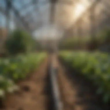 Drip Irrigation in a Greenhouse Environment Greenhouse with efficient drip irrigation setup in action