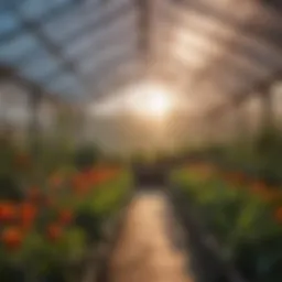 A vibrant greenhouse showcasing various plants under plastic sheeting