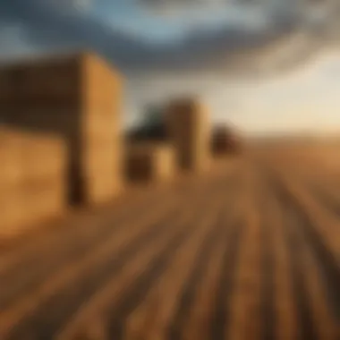 A field filled with neatly stacked square bales after harvesting