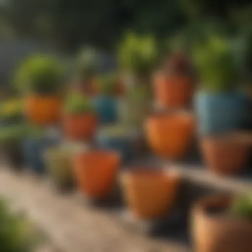 A variety of large plastic garden pots in different shapes and colors displayed in a garden center