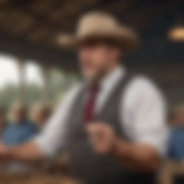 Auctioneer engaging with bidders in a lively Louisiana farming environment