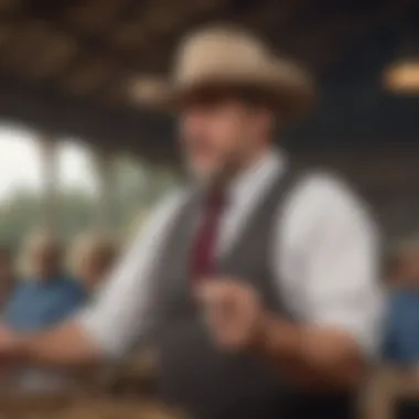 Engaging Auctioneer in Action Auctioneer engaging with bidders in a lively Louisiana farming environment
