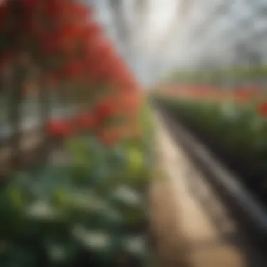 Innovation in Greenhouse Agriculture Close-up of vibrant greenhouse plants thriving under optimized conditions