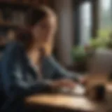 A student engaging in online work on a laptop at a cozy workspace