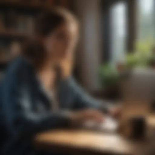 A student engaging in online work on a laptop at a cozy workspace