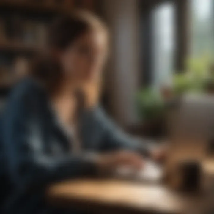 A student engaging in online work on a laptop at a cozy workspace