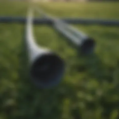 Poly Tube Pipes in Agricultural Settings A close-up view of poly tube pipes in a lush agricultural field
