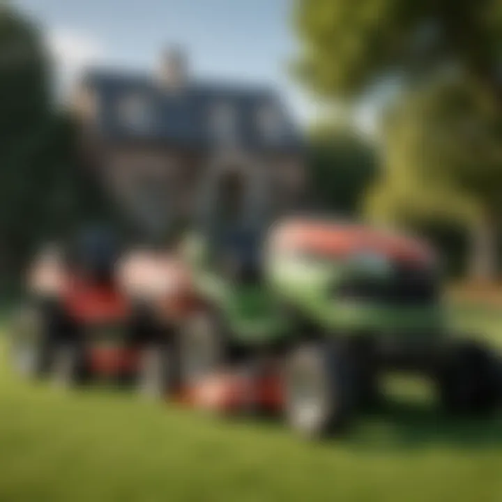 Side-by-side comparison of different riding lawn mower models.