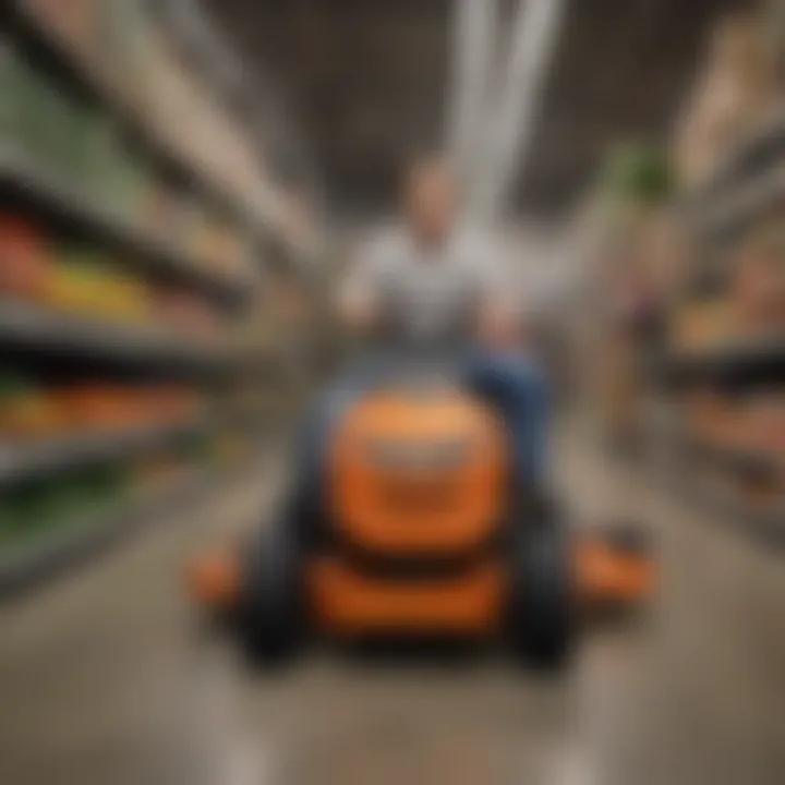 A shopper exploring riding lawn mowers at a Walmart store.