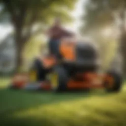 A riding mower with an edger attachment in action, showcasing the precision of lawn care.