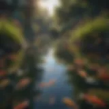A vibrant pond teeming with colorful fish