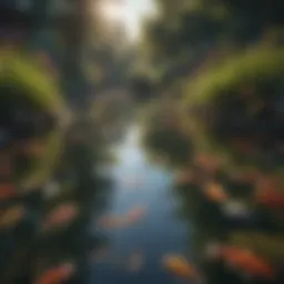 A vibrant pond teeming with colorful fish