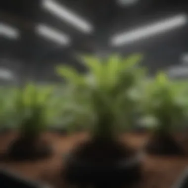 Optimal Plant Growth with Advanced Lighting Close-up of a plant thriving under standing grow lights