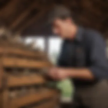 Effective Maintenance of Nesting Boxes A farmer inspecting nesting boxes, ensuring maintenance and cleanliness.