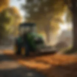 John Deere yard sweeper in action collecting leaves
