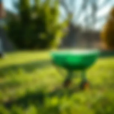 Eco-Friendly Lawn Treatment with Mini Lawn Spreader An eco-friendly lawn treatment application using a mini lawn spreader