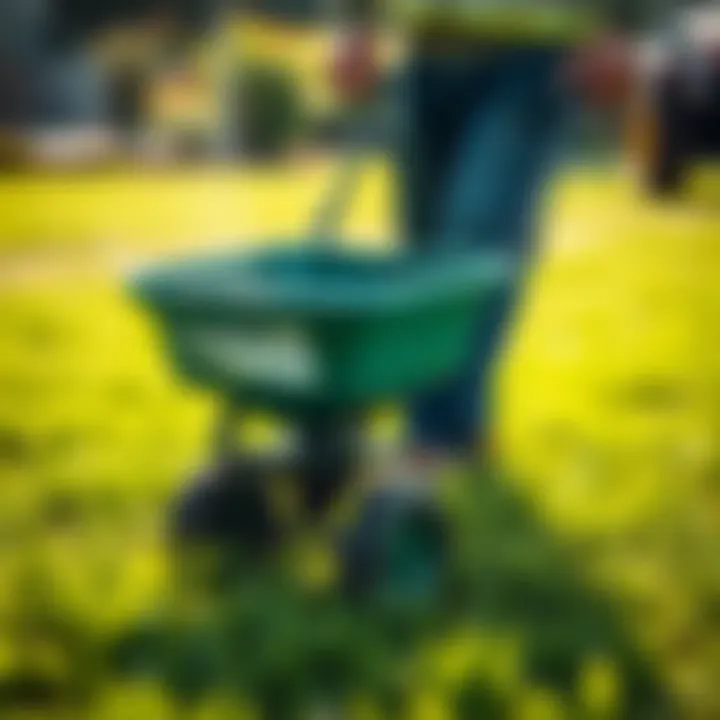 Mini Lawn Spreader in Action A mini lawn spreader in action distributing fertilizer evenly across a lush green lawn