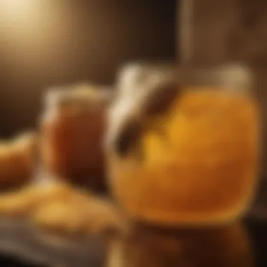 Golden Honey and Honeycombs A jar of golden honey with fresh honeycombs in the background