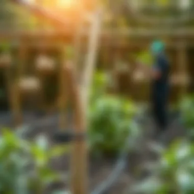 Bamboo sticks providing support to various plants in a garden setting.