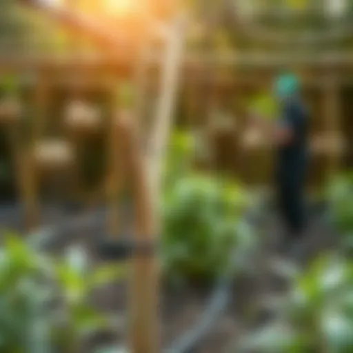 Bamboo sticks providing support to various plants in a garden setting.