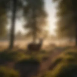 A serene landscape of a deer farm at dusk