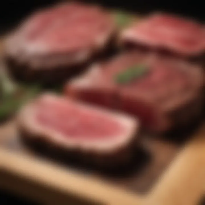 Artistic Display of Venison Cuts A close-up of venison cuts arranged artistically on a wooden board
