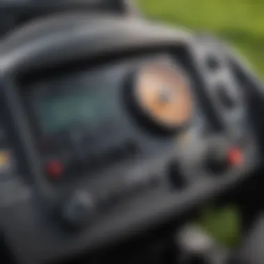 Close-up of the control panel of a zero turn mower highlighting advanced features
