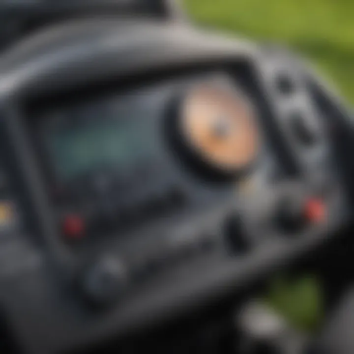 Close-up of the control panel of a zero turn mower highlighting advanced features