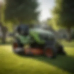 Zero turn riding lawn mower in action on a lush green lawn