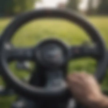 Close-up view of a zero turn mower steering wheel