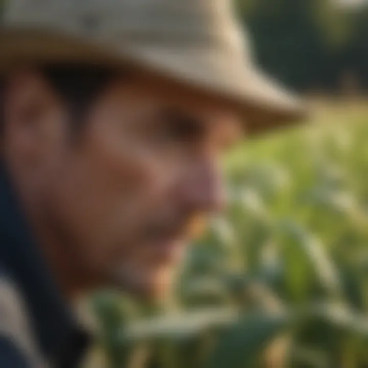 Close-up of a farmer examining crop health